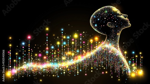 Digital illustration of glowing human figure with colorful particles