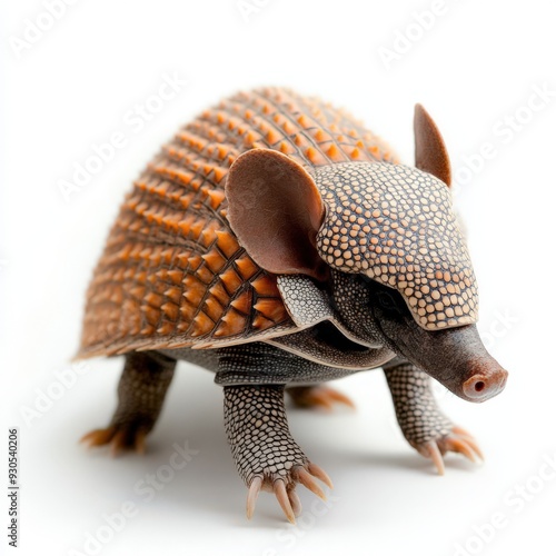 A close-up of a detailed, colorful armadillo, showcasing its unique armor-like shell and playful stance.