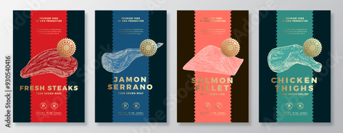 Beef and Salmon Steak, Chicken Thighs, Jamon Vector Packaging Label Design Templates Set. Product Banner, Hand Drawn Meat, Fish and Poultry Sketches. Food Background Layout with Gold Foil Isolated