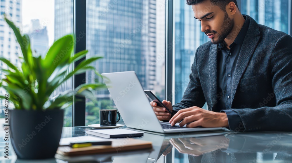 Young professional multitasking with a laptop and smartphone at a sleek, modern desk. The minimalistic workspace includes a potted plant, coffee cup Young professional multitasking with a laptop and smartphone at a sleek, modern desk. The minimalistic workspace includes a potted plant, coffee cup