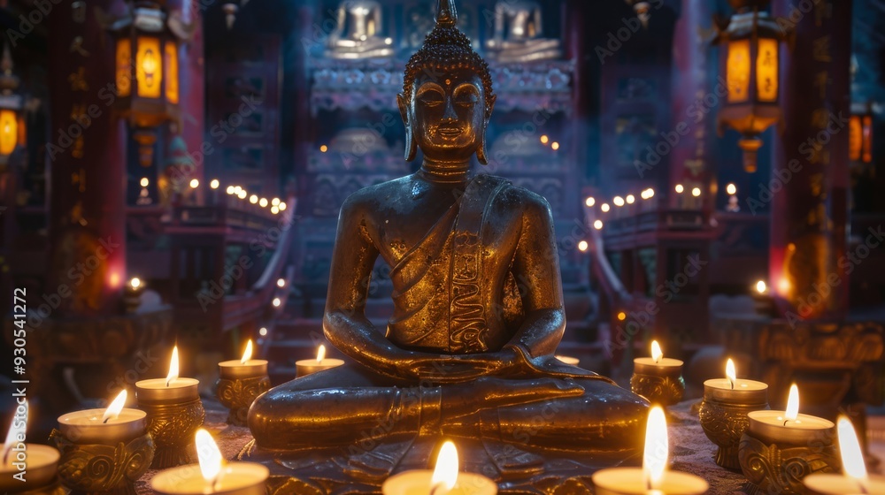 Fototapeta premium Illuminated Buddha statue in a temple with candles