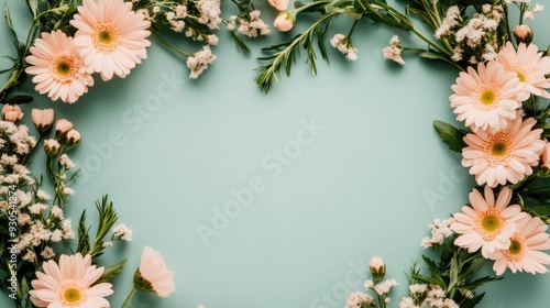 Wallpaper Mural Pastel-colored gerbera daisies and roses create a heart shape, surrounded by delicate white flowers, all set against a serene blue background Torontodigital.ca