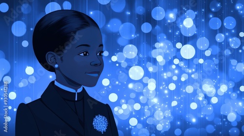 Digital illustration of woman with glowing blue background and bokeh lights