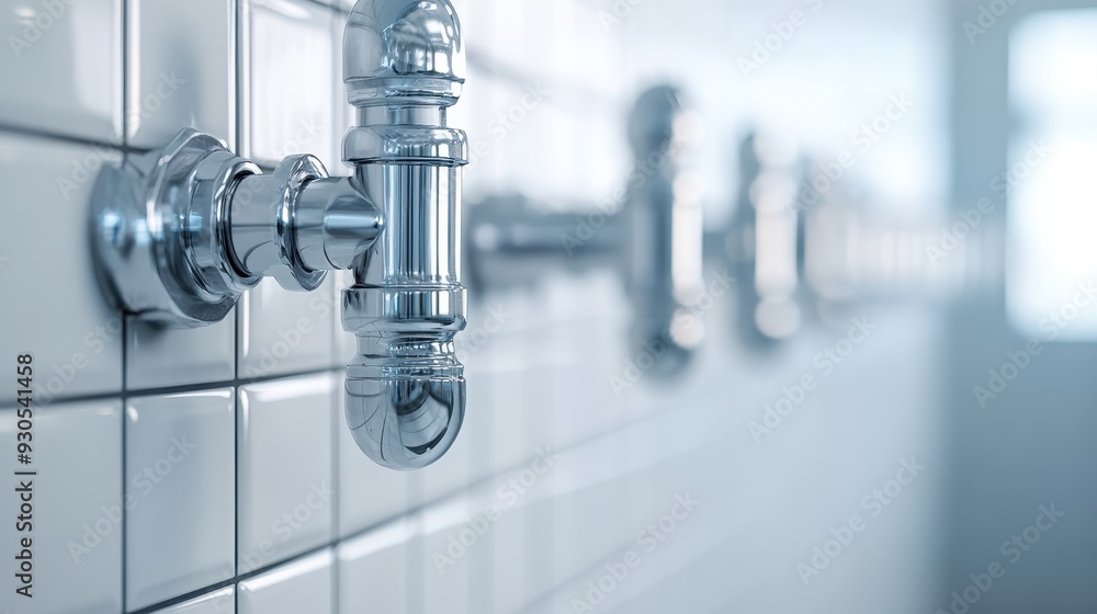 An image capturing the details of chrome plumbing fixtures attached to a tiled wall, with an emphasis on the reflective and clean surfaces of the components. An image capturing the details of chrome plumbing fixtures attached to a tiled wall, with an emphasis on the reflective and clean surfaces of the components.