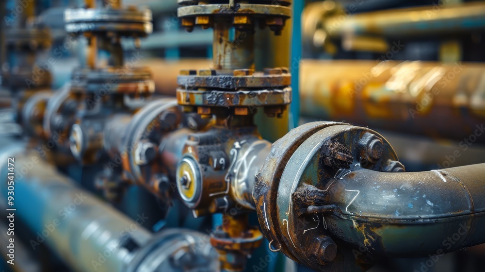 Fototapeta premium Industrial zone steel pipes and valves, detailed machinery and equipment