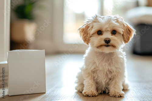 Funny Dog sitting next to a clean white bag of pet food package