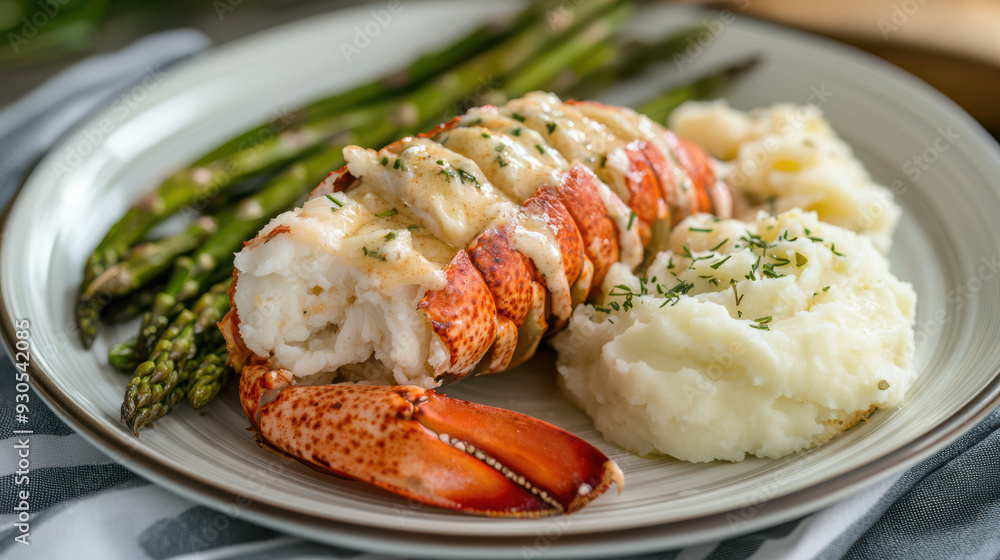 A luxurious lobster tail with a garlic butter sauce, A luxurious lobster tail with a garlic butter sauce,