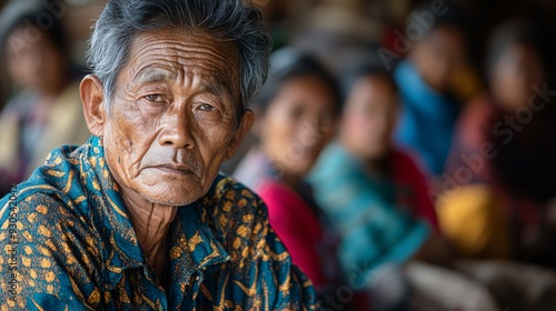 Elderly Man Reflecting on Life Amidst Group Gathering, Capturing Wisdom and Contemplation. Emotional Portrait of Asian Senior with Others in Background, Illustrating Tradition and Community Values.