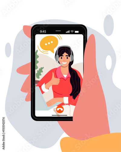 Call center, hotline video call by smartphone. Customer support department staff, telemarketing agent. Vector illustration. 