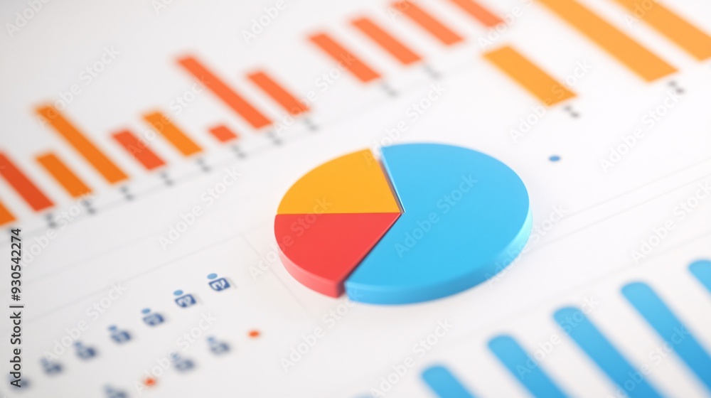 Colorful Pie Chart and Bar Graph Data Visualization on White Background. 3D Rendered Statistical Analysis, Highlighting Financial, Business, and Analytical Reports with Red, Blue, and Orange Segments. Colorful Pie Chart and Bar Graph Data Visualization on White Background. 3D Rendered Statistical Analysis, Highlighting Financial, Business, and Analytical Reports with Red, Blue, and Orange Segments.