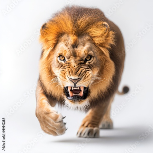 A fierce lion charging forward, showcasing its powerful build and majestic mane, symbolizing strength and courage.