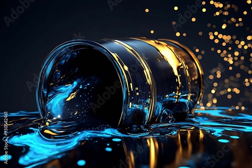 An abstract digital background banner featuring a gold barrel spilling black crude oil, with data connections in blue and black colors. This design symbolizes the intersection of energy, technology, a photo