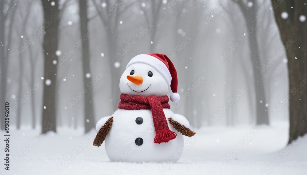 Christmas decoration with a cute cheerful snowman in the snow winter forest landscape Christmas decoration with a cute cheerful snowman in the snow winter forest landscape