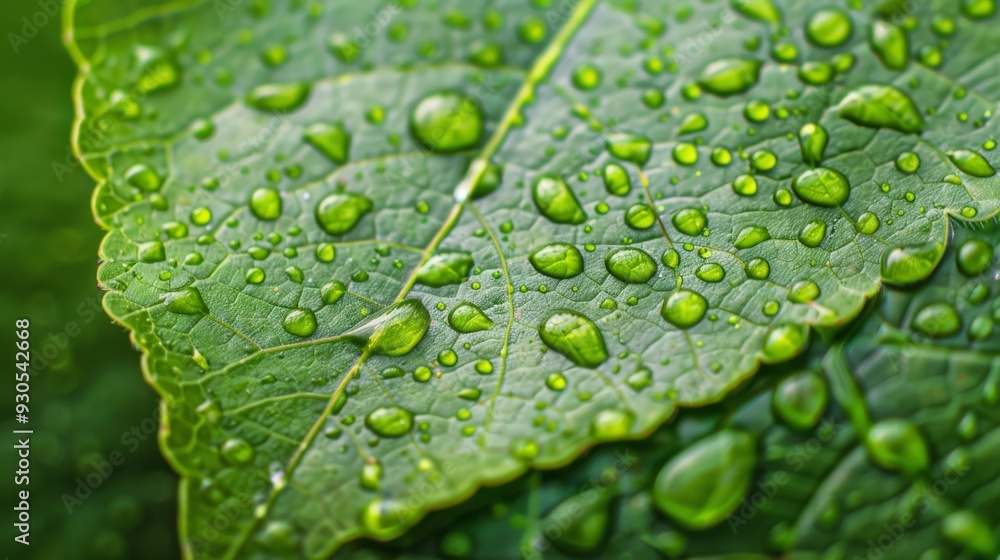 Leaf surface with water droplets, clear veins, soft light, vibrant green colors Leaf surface with water droplets, clear veins, soft light, vibrant green colors
