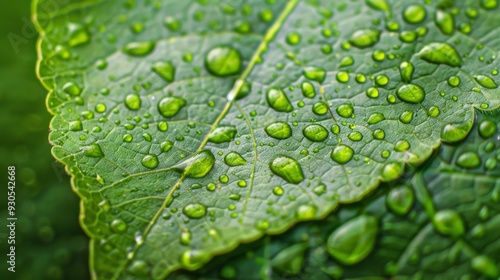 Leaf surface with water droplets, clear veins, soft light, vibrant green colors