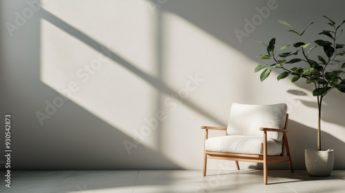 A wooden chair with white cushions sits beside shadows of a plant cast by sunlight through large windows, evoking a sense of calm and natural beauty in a modern room.