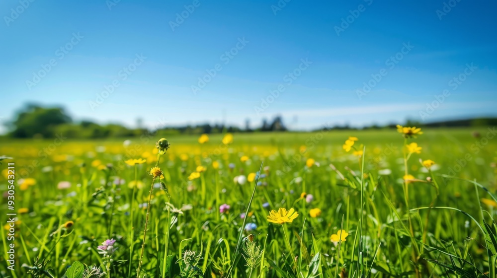 Fototapeta premium Lush green meadow with wildflowers under a clear blue sky