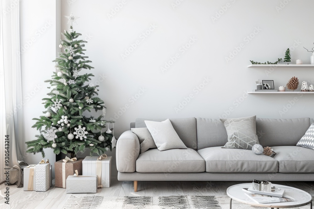 Obraz premium A modern, minimalist living room with a simple, white Christmas tree adorned with monochrome decorations