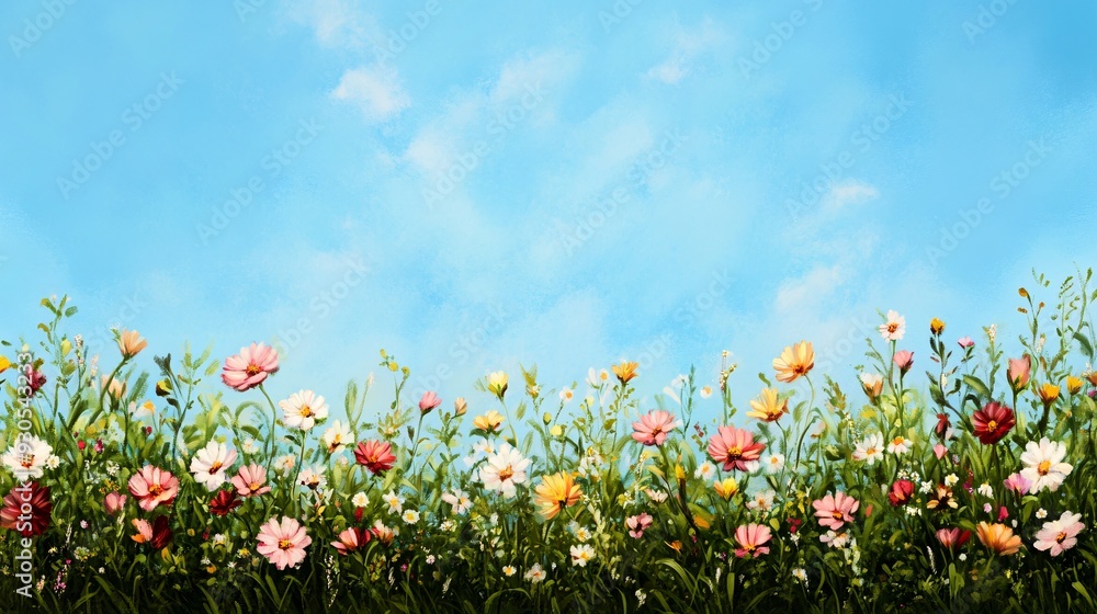 Lush Green Meadow with Wildflowers Under a Bright Blue Sky. Tranquil Spring Landscape Featuring Tall Grass, Blooming Flowers, and Puffy White Clouds. Lush Green Meadow with Wildflowers Under a Bright Blue Sky. Tranquil Spring Landscape Featuring Tall Grass, Blooming Flowers, and Puffy White Clouds.