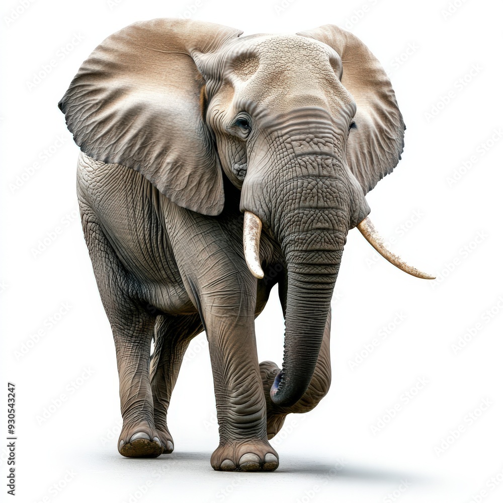 Fototapeta premium A majestic elephant gracefully walking, showcasing its strength and beauty in a serene environment with soft lighting.