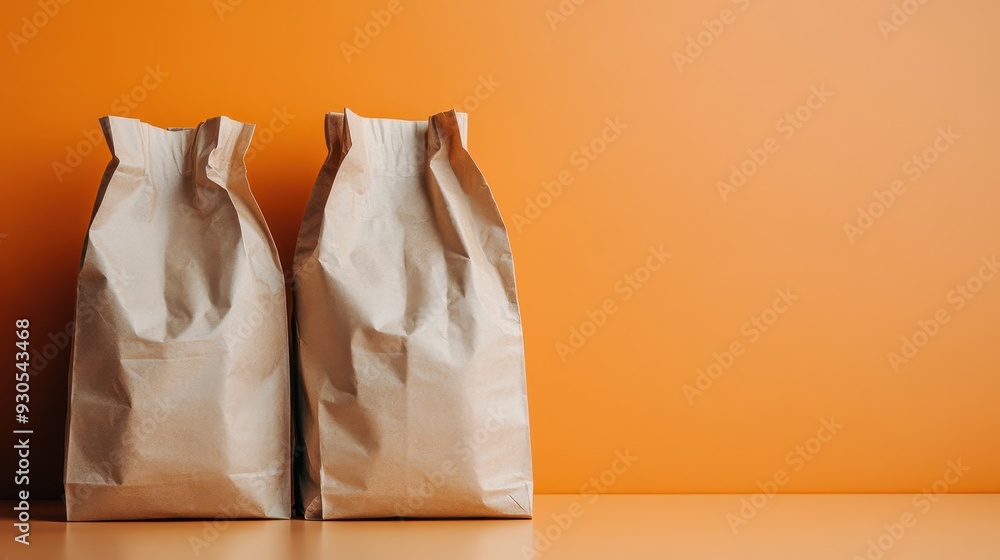 Two brown paper bags stand upright against a vibrant orange backdrop, symbolizing simplicity and everyday objects with a pop of color, balancing utility and aesthetics. Two brown paper bags stand upright against a vibrant orange backdrop, symbolizing simplicity and everyday objects with a pop of color, balancing utility and aesthetics.