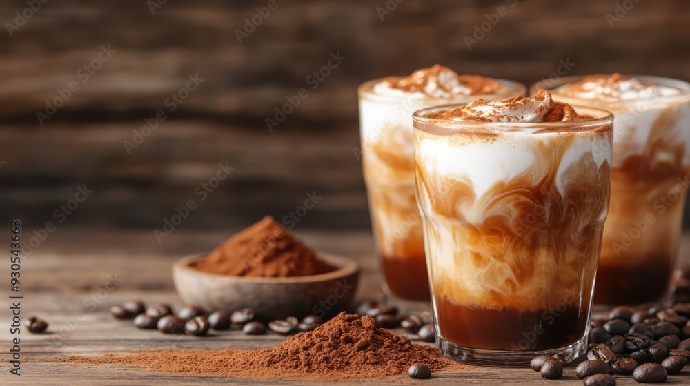 Creamy iced coffee topped with whipped cream and sprinkled with cocoa powder, set elegantly on a rustic table with coffee beans and cocoa, encapsulating a delicious treat.