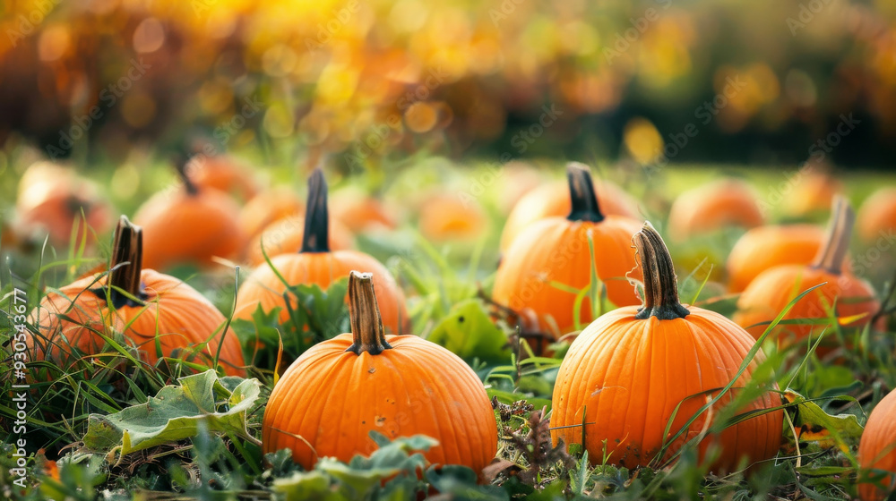Pumpkin patch over autumn background. fresh orange pumpkins on a farm field. Rural landscape with sunset. Copy space, Halloween or Thanksgiving mock up for design and product display Pumpkin patch over autumn background. fresh orange pumpkins on a farm field. Rural landscape with sunset. Copy space, Halloween or Thanksgiving mock up for design and product display