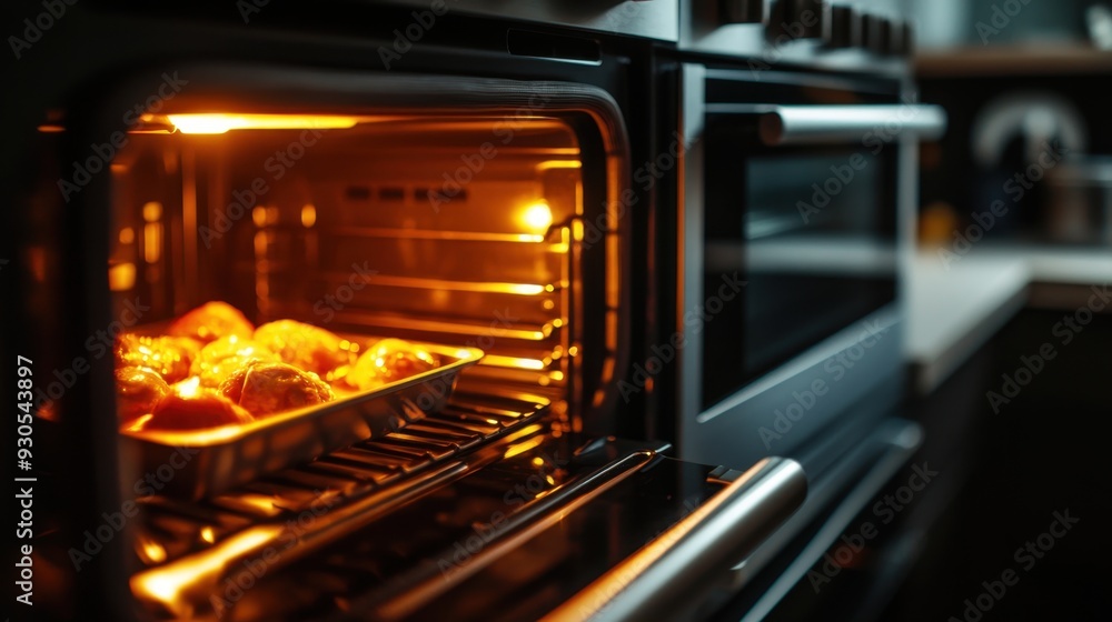 View inside a modern oven with a warm glow, capturing the heat and energy, perfect for food preparation concepts in a stylish kitchen. View inside a modern oven with a warm glow, capturing the heat and energy, perfect for food preparation concepts in a stylish kitchen.