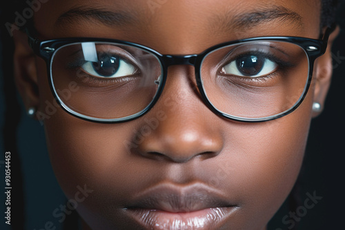 A stunning woman of African descent in glasses, highlighting eye health awareness. photo