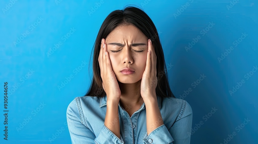 A woman with her hands on her head, looking very sad A woman with her hands on her head, looking very sad