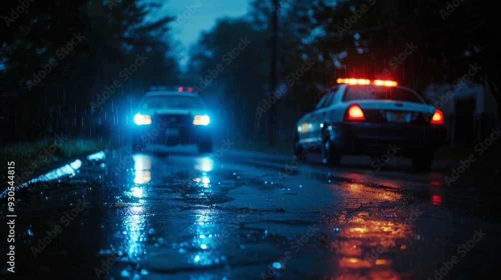 Police emergency lights flashing on a dark and quiet street Police emergency lights flashing on a dark and quiet street