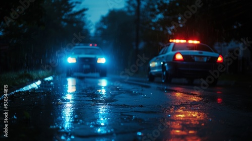 Police emergency lights flashing on a dark and quiet street