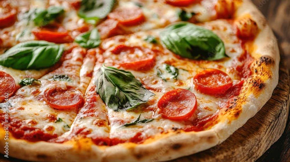 Close-up of a freshly baked pizza, with gooey cheese and vibrant toppings, placed on a wooden table for a rustic, mouth-watering presentation. Close-up of a freshly baked pizza, with gooey cheese and vibrant toppings, placed on a wooden table for a rustic, mouth-watering presentation.