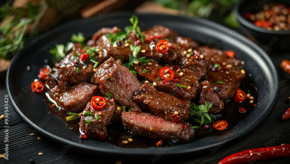 Delicious beef with chili sauce on wooden table Delicious beef with chili sauce on wooden table
