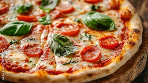 Close-up of a freshly baked pizza, with gooey cheese and vibrant toppings, placed on a wooden table for a rustic, mouth-watering presentation.