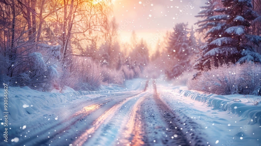 Serene winter road with falling snow, snow-covered bushes and trees, twilight sky Serene winter road with falling snow, snow-covered bushes and trees, twilight sky