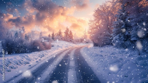 Serene winter road with falling snow, snow-covered bushes and trees, twilight sky