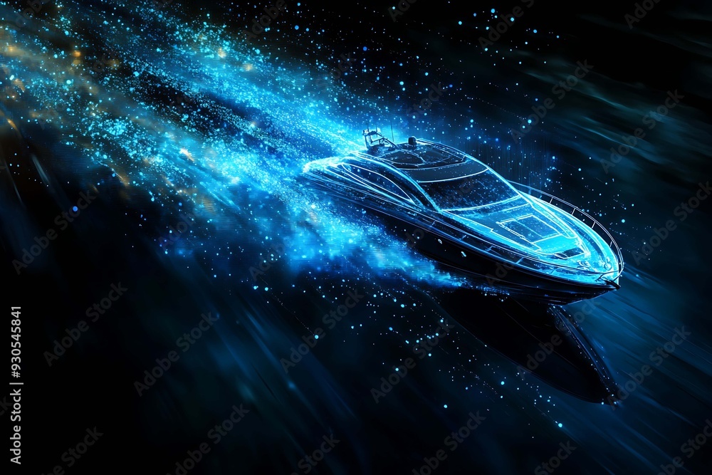 Obraz premium An abstract digital background banner featuring a speed boat with data connections in blue and black colors