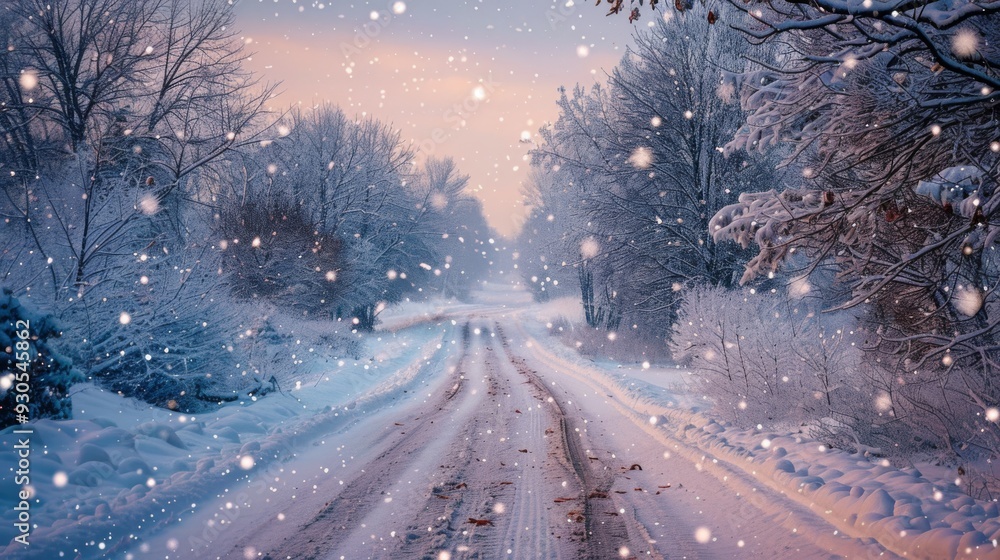 Serene winter road with falling snow, snow-covered bushes and trees, twilight sky Serene winter road with falling snow, snow-covered bushes and trees, twilight sky