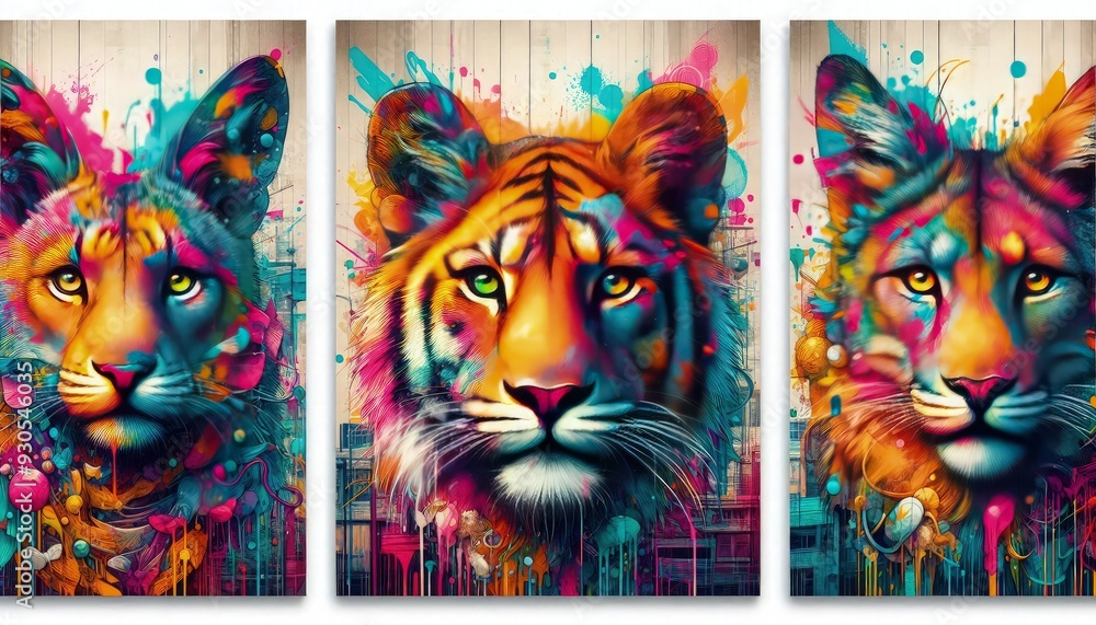 Obraz premium HD triptych art of graffiti-style animal portraits, vibrant colors, urban background, digital painting, white background
