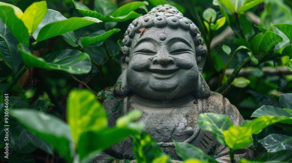 Smiling Buddha statue surrounded by lush green foliage Smiling Buddha statue surrounded by lush green foliage