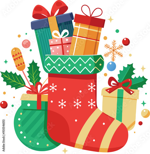 Christmas stockings with Gifts Festive Digital Art Illustration 
