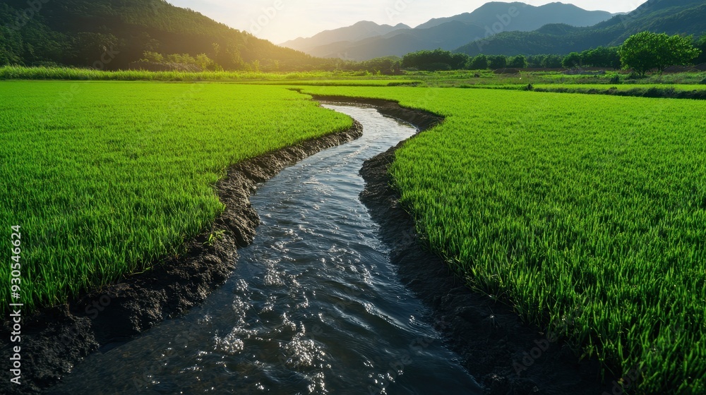 A serene landscape featuring a winding river through lush green fields, surrounded by majestic mountains at sunset. A serene landscape featuring a winding river through lush green fields, surrounded by majestic mountains at sunset.