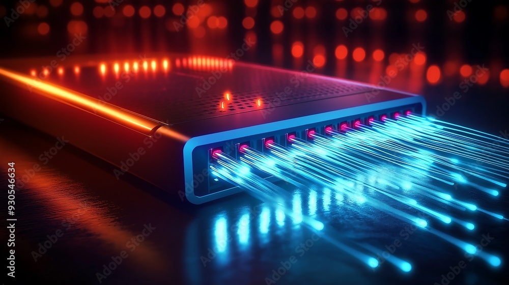 Network cable is in the network port, Close-up of a router with fiber-optic cables connected, emitting intense light to signify high-speed data transfer Network cable is in the network port, Close-up of a router with fiber-optic cables connected, emitting intense light to signify high-speed data transfer