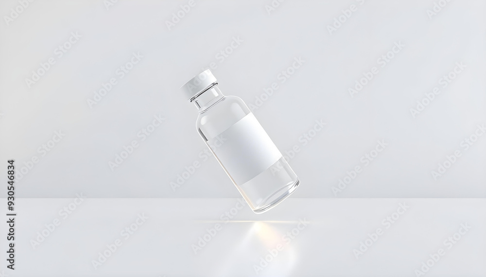 Glass Bottle with White Label on a White Surface Glass Bottle with White Label on a White Surface