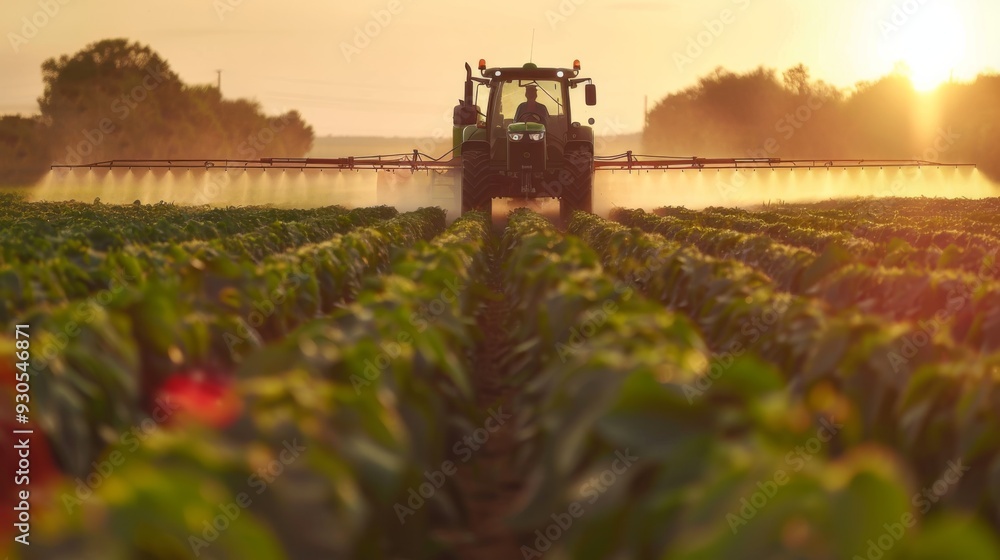 Obraz premium Soybean field being sprayed by a tractor with herbicide