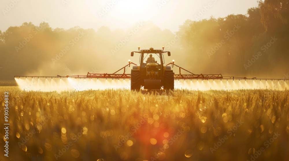 Fototapeta premium Soybean field being sprayed by a tractor with herbicide