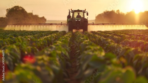 Soybean field being sprayed by a tractor with herbicide
