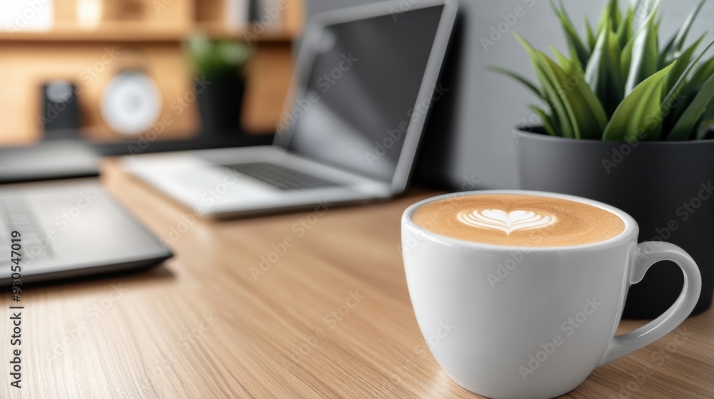 A cup of coffee on a table next to two laptops, AI A cup of coffee on a table next to two laptops, AI