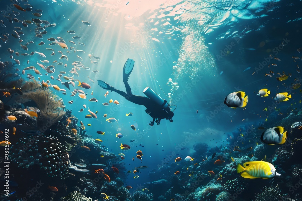 Fototapeta premium Diving with fish in the ocean